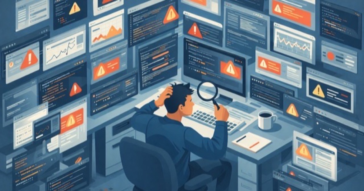 A wall of browser tabs and dashboards representing the observability nightmare of debugging serverless